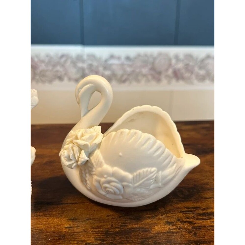 Vintage White Bisque Porcelain Swan Floral Basket Trinket Dish